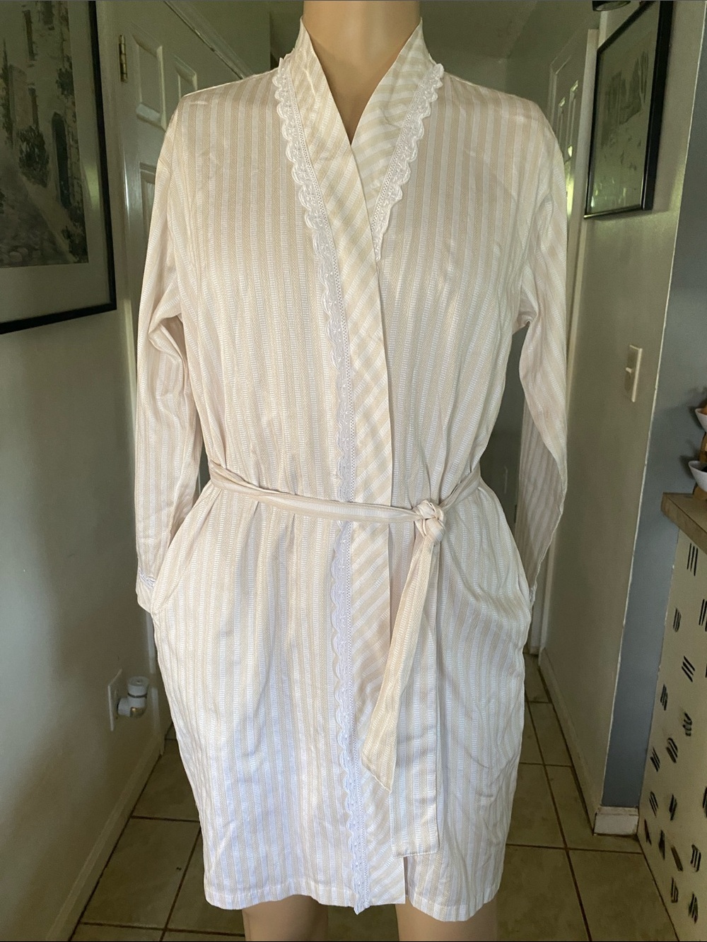 Eileen West Cream and White Striped Cotton Robe with Lace Trim